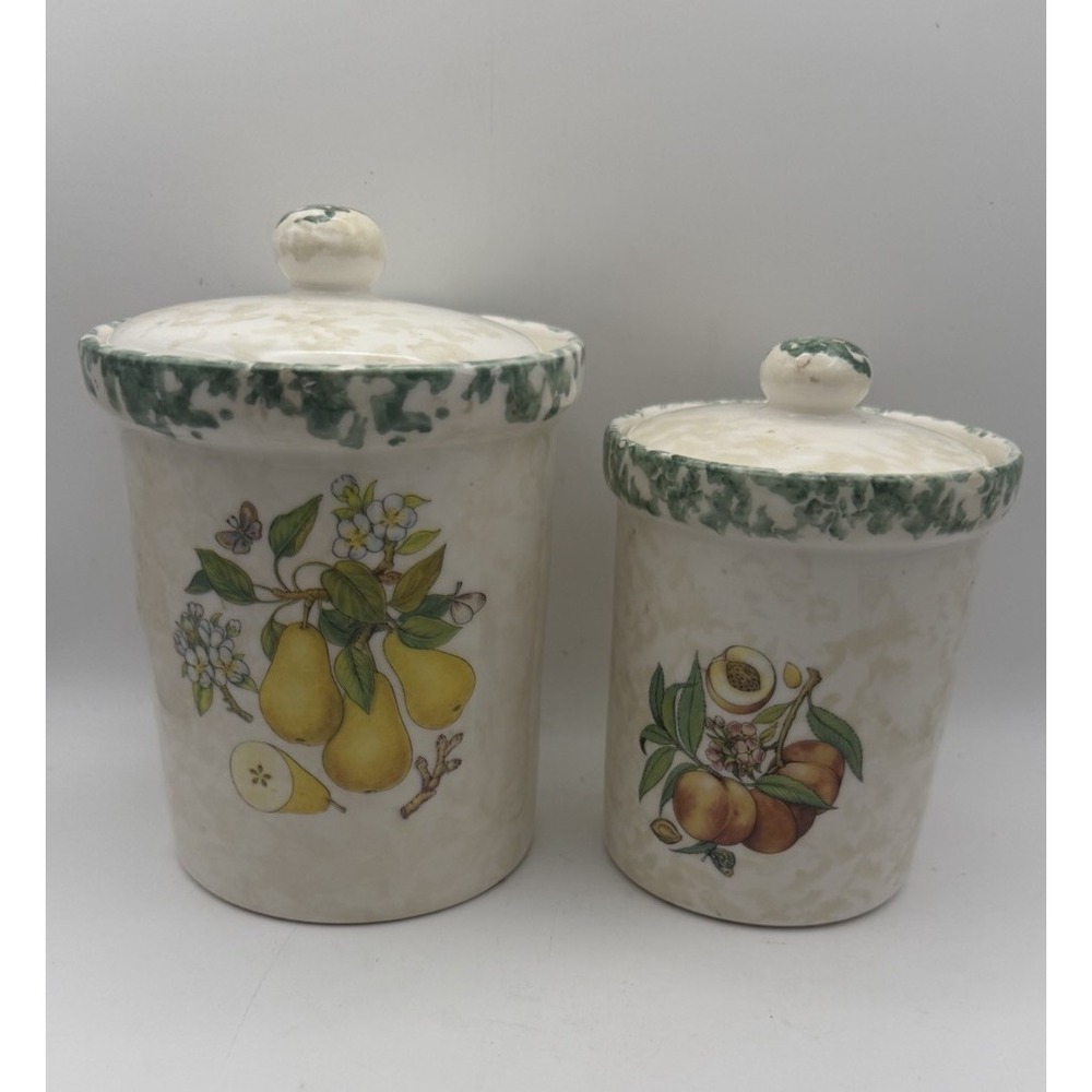 Vintage Himark Italy Ceramic Fruit Canisters Pear Peach Kitchen Set of 2